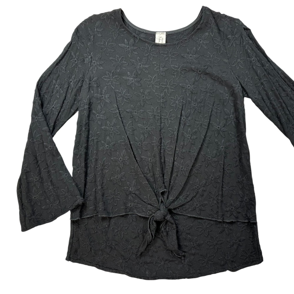 NOA ELLE Black Embroidered Floral Tie Waist Top Cut-Out Flare Sleeves Women's XS